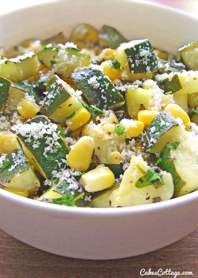 Parmesan Zucchini with Corn & Cilantro - Cakescottage