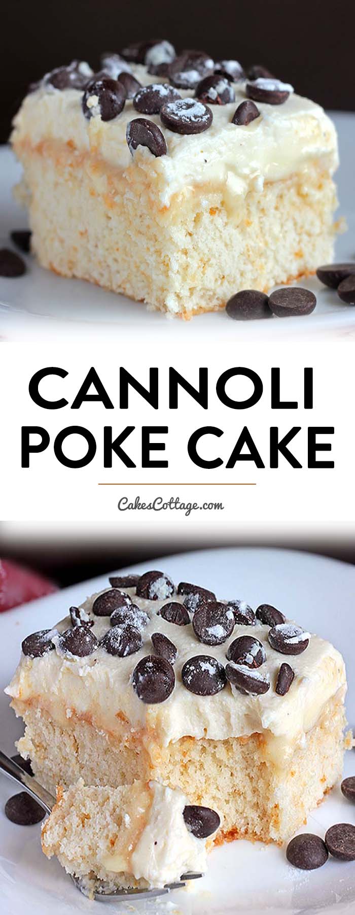 Poke Cake topped with an Ah-Mazing cannoli filling. #pokecake #cannoli