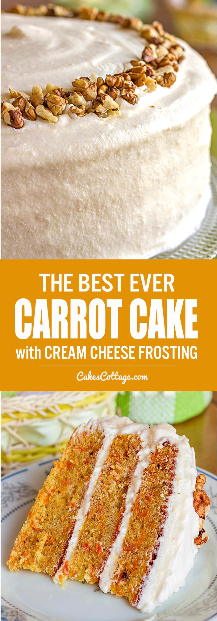 Our family favorite carrot cake recipe, with walnuts, pineapple, and a cream cheese frosting.