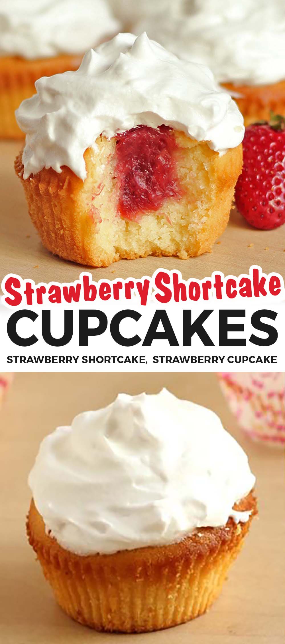 These strawberry shortcake cupcakes are fluffy, moist and very-vanilla with pockets of strawberry jam inside each bite