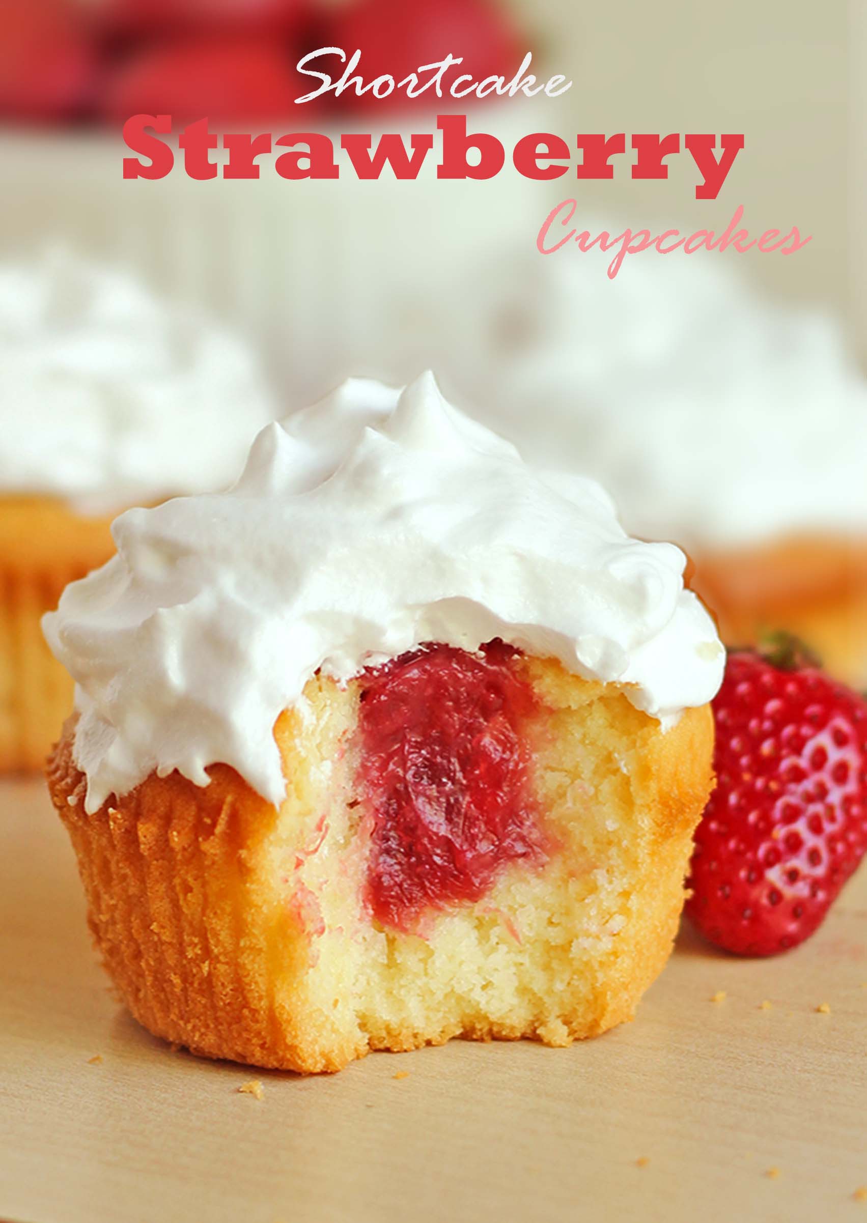 These strawberry shortcake cupcakes are fluffy, moist and very-vanilla with pockets of strawberry jam inside each bite