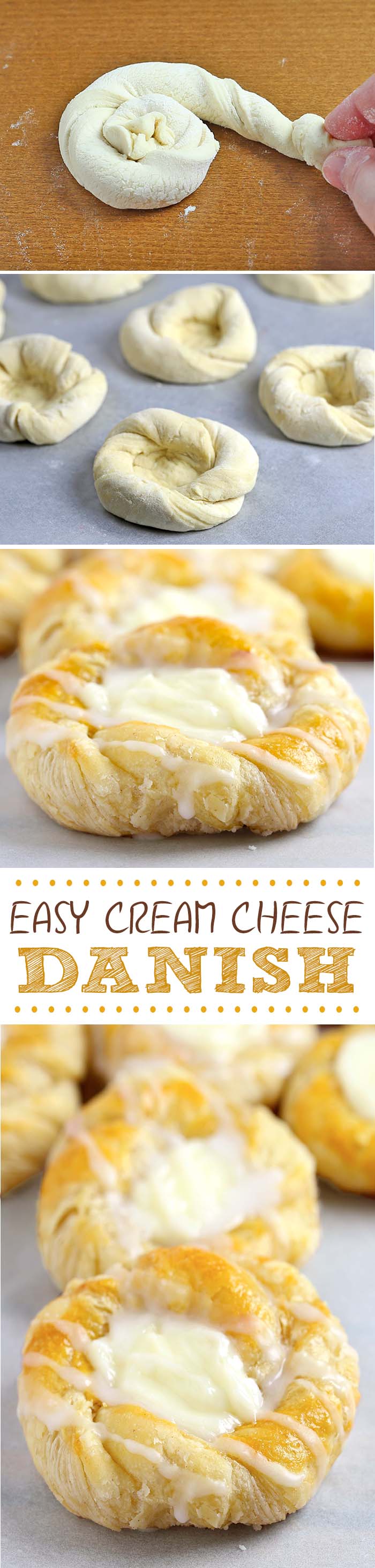 This quick and easy cream cheese danish starts with store-bought crescent roll dough, and can be made, start to finish in under 30 minutes. 