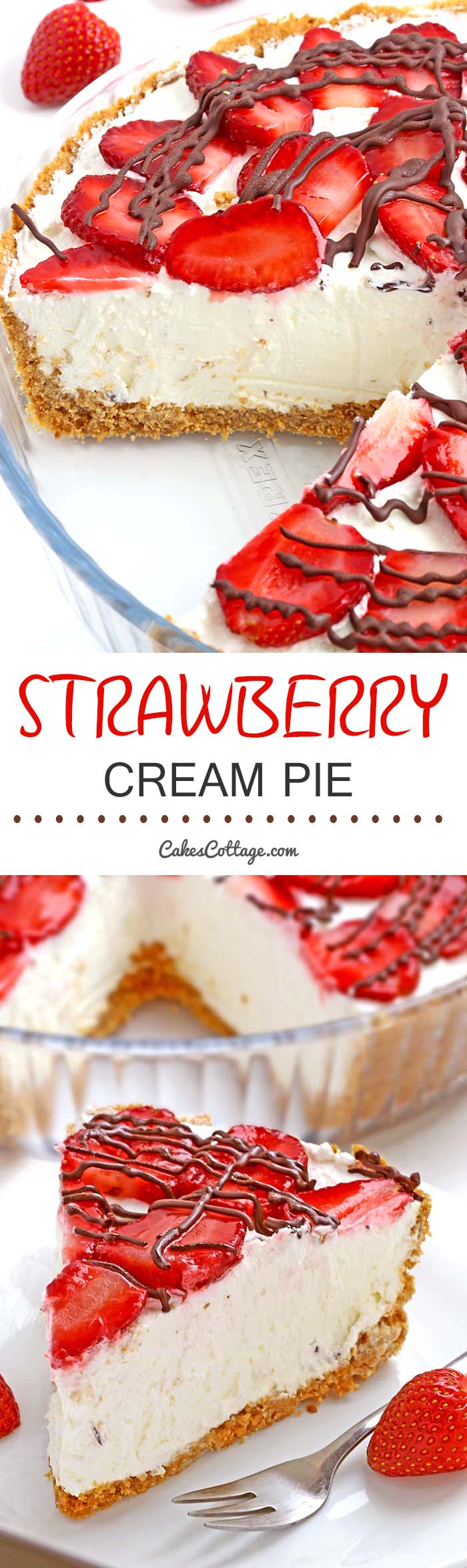 An easy strawberries and cream pie made with graham crackers, whipped cream, cream cheese and fresh strawberries.