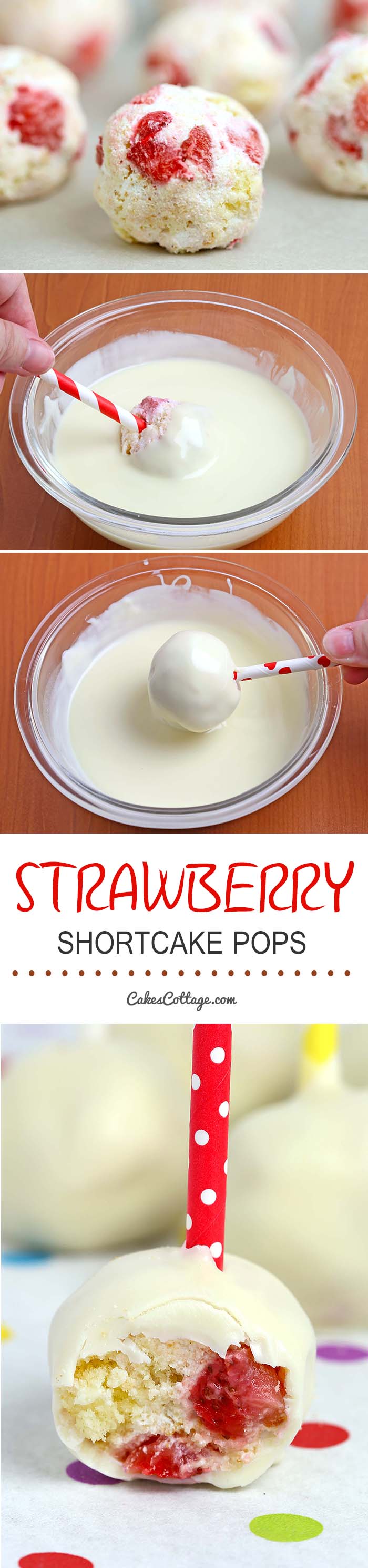 Strawberry shortcake pops - Angel food cake balls stuffed with fresh strawberries and whipped cream then dipped into melted white chocolate.  A simple and fun way to enjoy the classic strawberry shortcake.