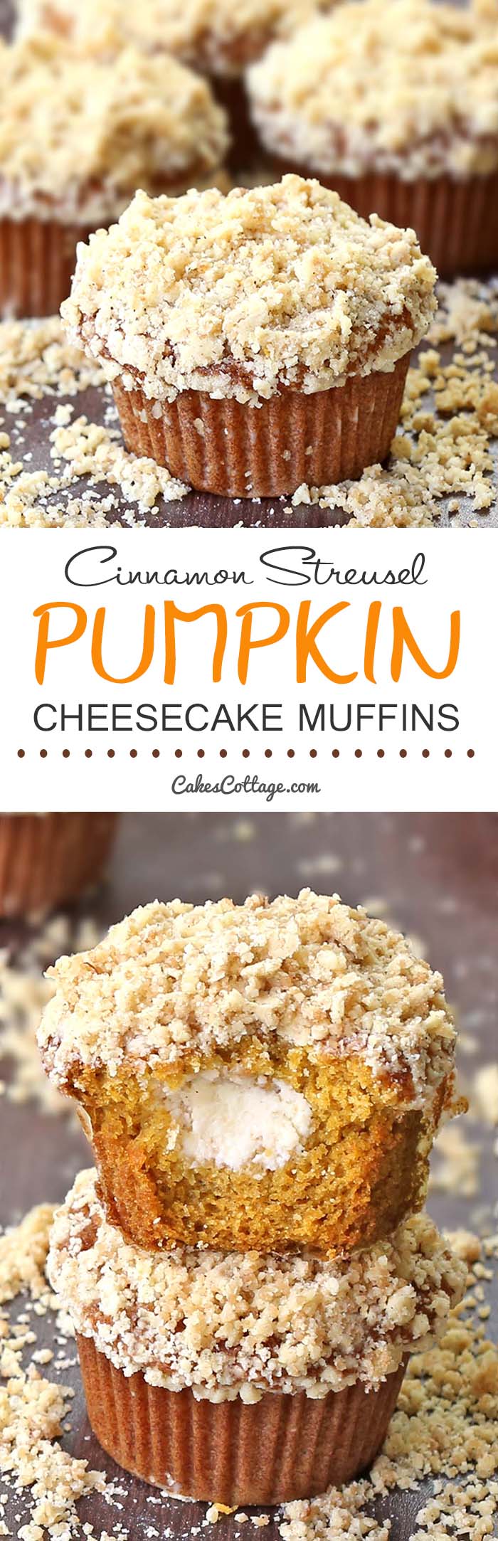 Delicious pumpkin muffins filled with cream cheese and topped with a cinnamon streusel. 