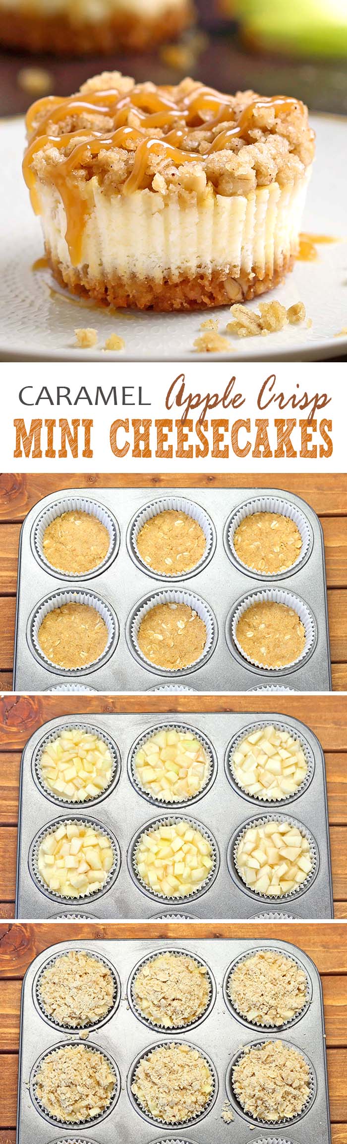 All of the sweet and caramely goodness of a traditional apple crisp, baked on graham cracker crust cheesecake packed into perfect portable fall dessert – Caramel Apple Crisp Mini Cheesecakes.