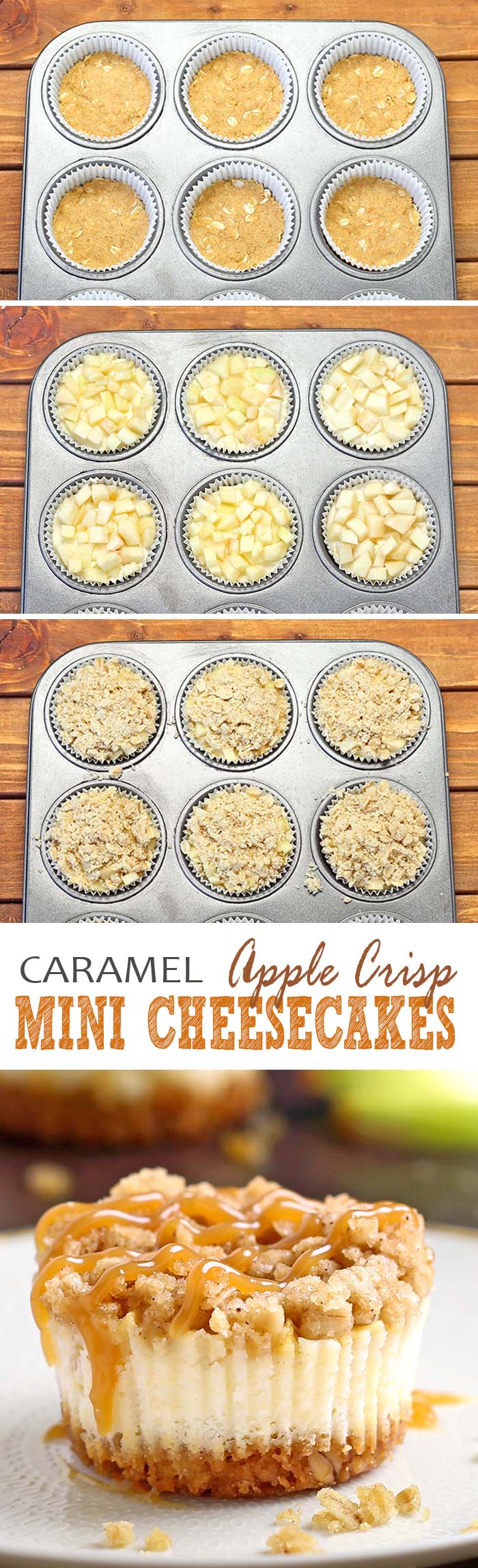 All of the sweet and caramely goodness of a traditional apple crisp, baked on graham cracker crust cheesecake packed into perfect portable fall dessert – Caramel Apple Crisp Mini Cheesecakes.