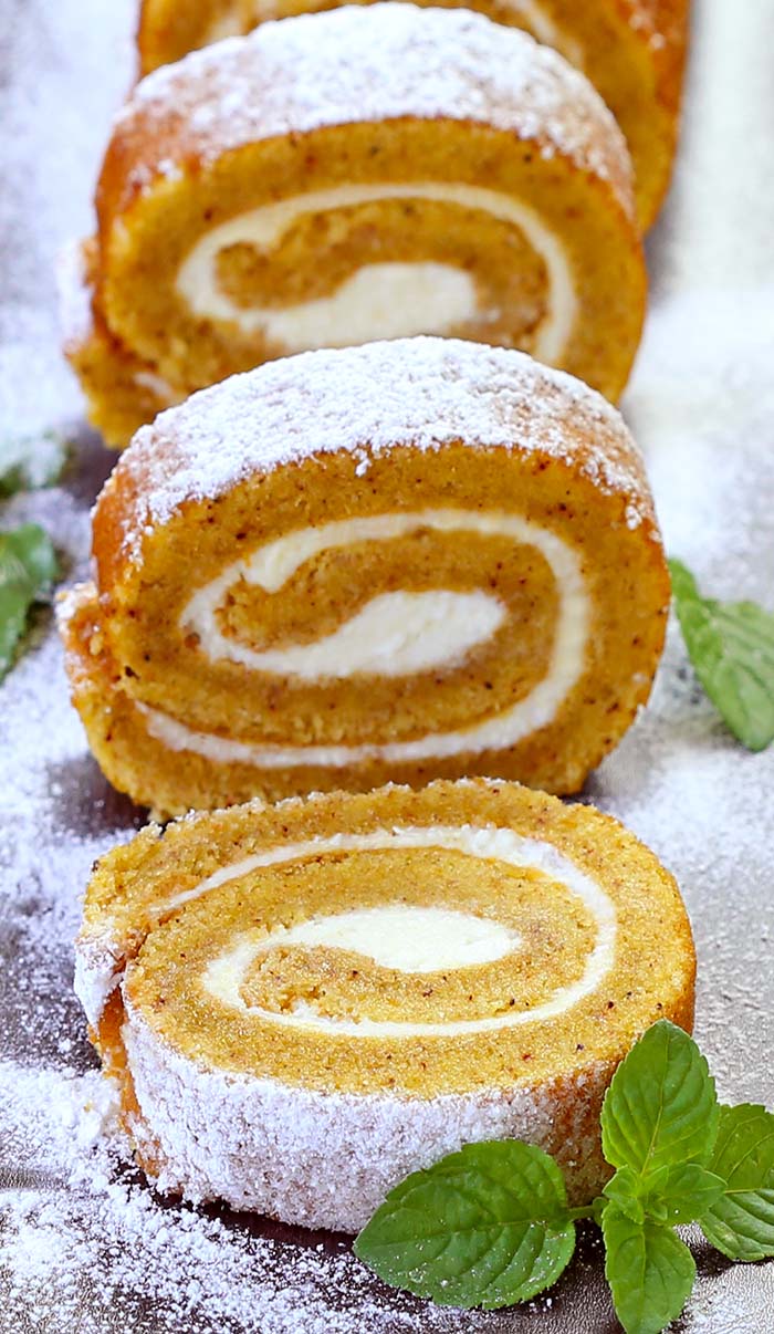 Nothing speaks fall more than a pumpkin roll. The moist pumpkin-spiced cake is filled with soft, sweet cream cheese. Perfect for Thanksgiving, which is not to far and never too early to start planning for.