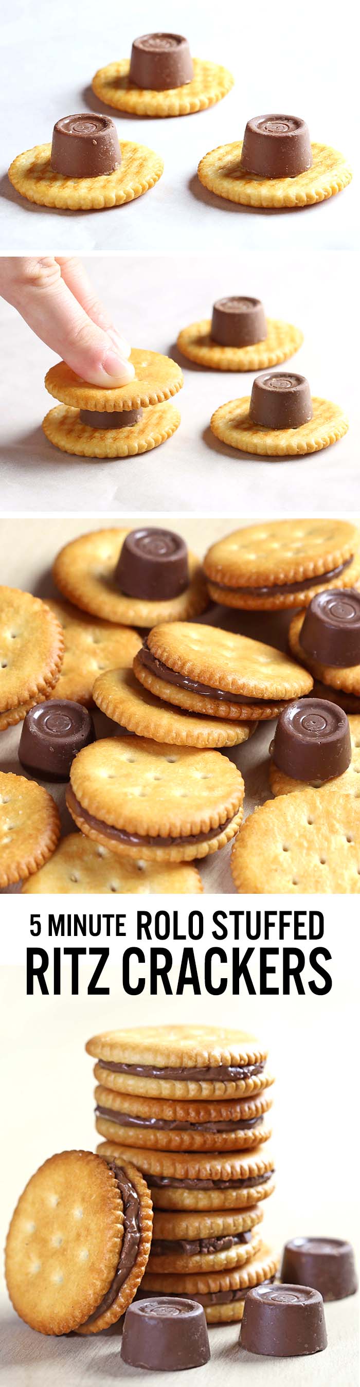 Rolo stuffed Ritz crackers - an awesomely easy-to-make salty-sweet, caramel-chocolate combo. Trust me. A match made in Heaven.