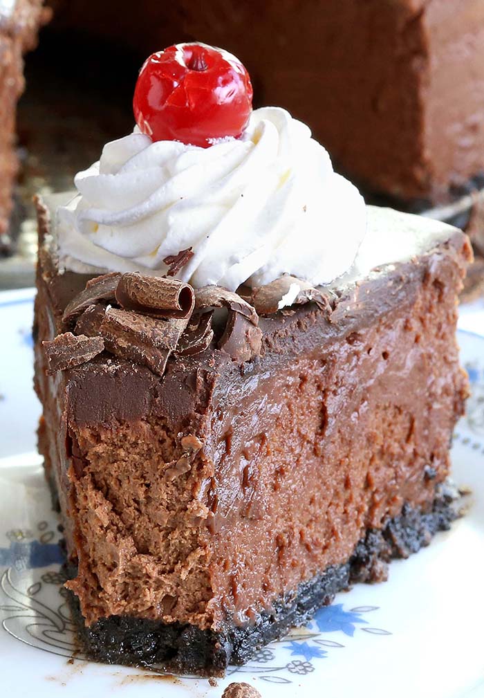 Smooth, rich, decadent, chocolatey CHOCOLATE! Triple Chocolate Cheesecake with whipped cream and cherries, is simply a dream come true for any chocolate lover….like me!