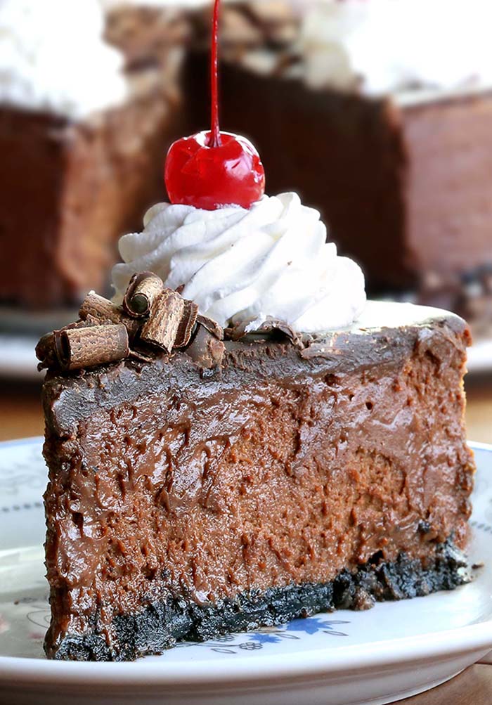 Smooth, rich, decadent, chocolatey CHOCOLATE! Triple Chocolate Cheesecake with whipped cream and cherries, is simply a dream come true for any chocolate lover….like me!