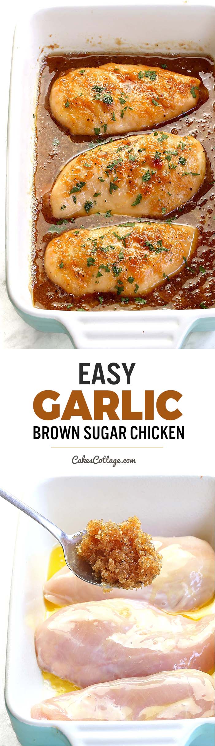 Quick and easy baked chicken breasts recipe made with a bit of butter, some brown sugar, and garlic. But don’t let the simplicity fool you. It’s also outrageously delicious!
