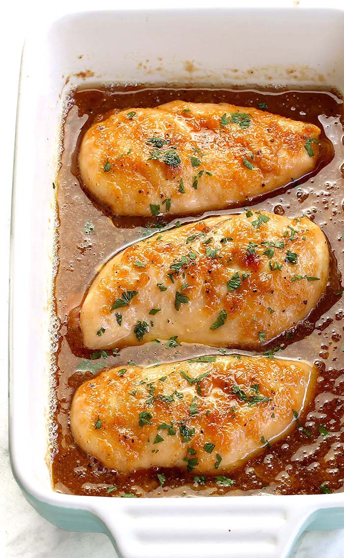 Quick and easy baked chicken breasts recipe made with a bit of butter, some brown sugar, and garlic. But don’t let the simplicity fool you. It’s also outrageously delicious!