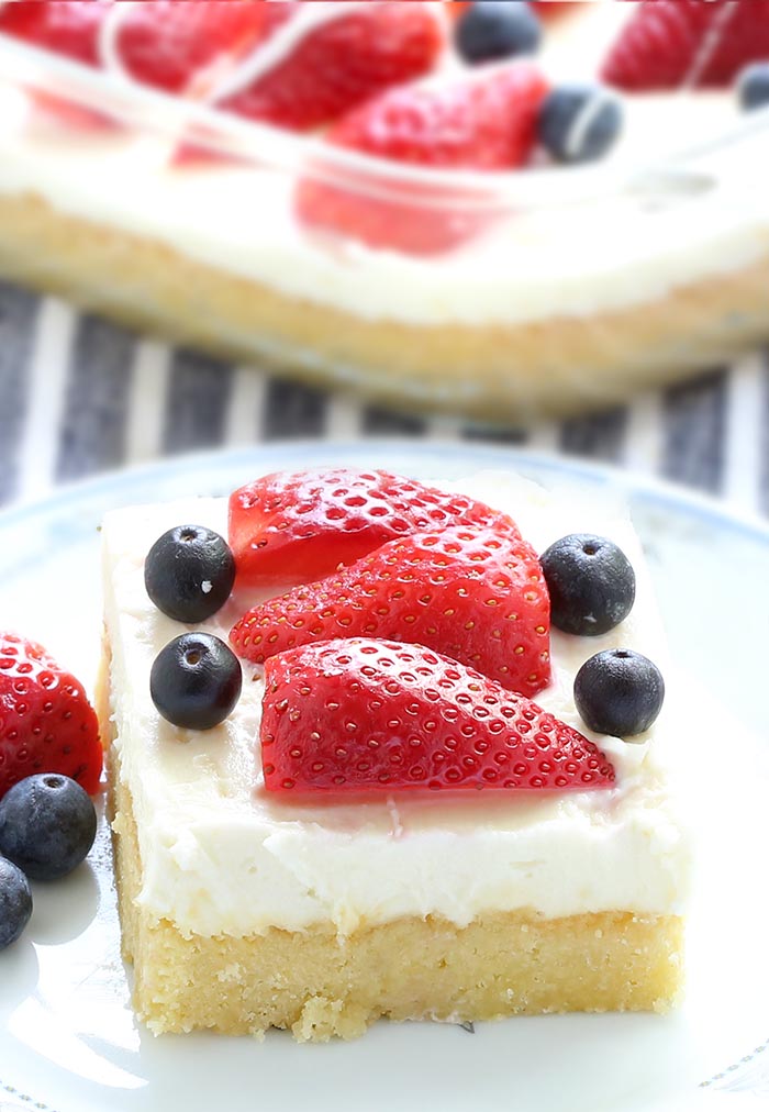 These summer berry cheesecake bars will be the hit at your next summer picnic! Quick to make buttery crust, topped with luscious cheesecake layer and piled high with fresh berries.