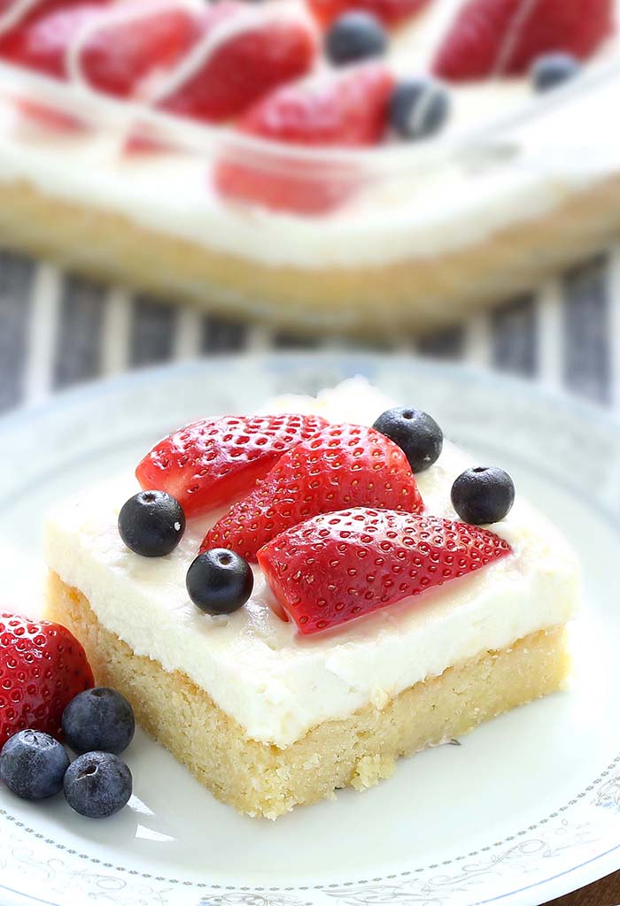 These summer berry cheesecake bars will be the hit at your next summer picnic! Quick to make buttery crust, topped with luscious cheesecake layer and piled high with fresh berries.