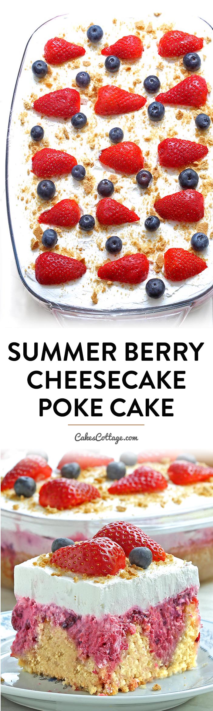 Summer Berry Cheesecake Poke Cake is a perfect red, white, and blue dessert for your Memorial Day, 4th of July BBQ’s or any family get-together…