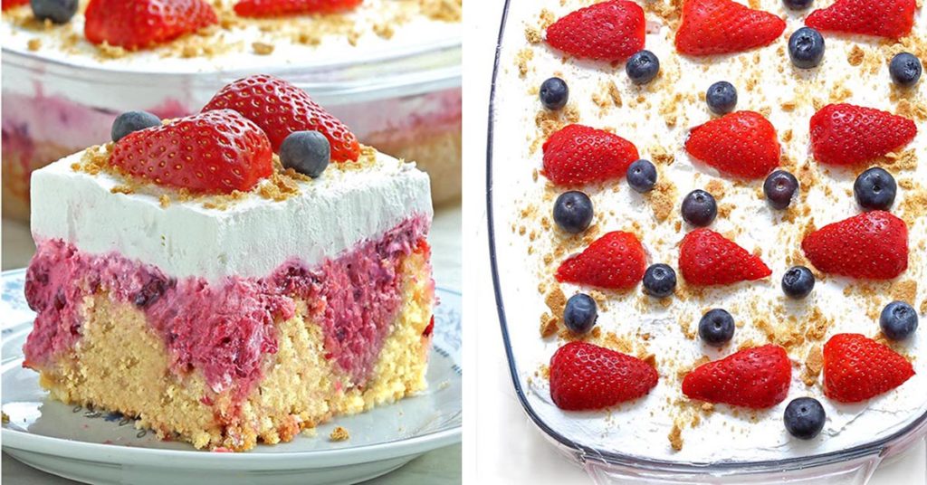 Summer Berry Cheesecake Poke Cake - Cakescottage