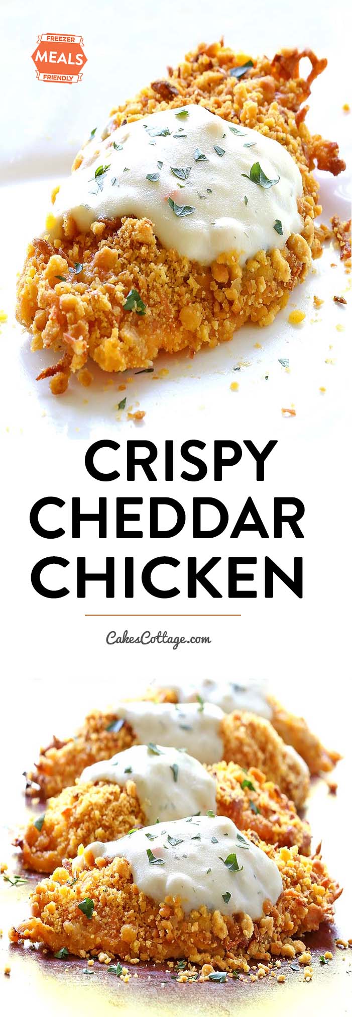 Tender and juicy chicken coated in cheddar cheese, ritz cracker crumbs and baked to crispy perfection.  It is such a quick and easy dinner, uses simple ingredients, and the whole family will love it! Try making this amazing recipe from CakesCottage today! #cheddar #easy #chicken #recipes #dinner