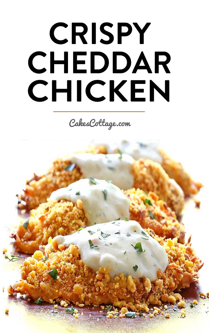 Full of flavor, tender chicken coated in cheddar cheese, ritz cracker crumbs and baked to crispy perfection. Top with a creamy sauce, Crispy Cheddar Chicken is to die for!