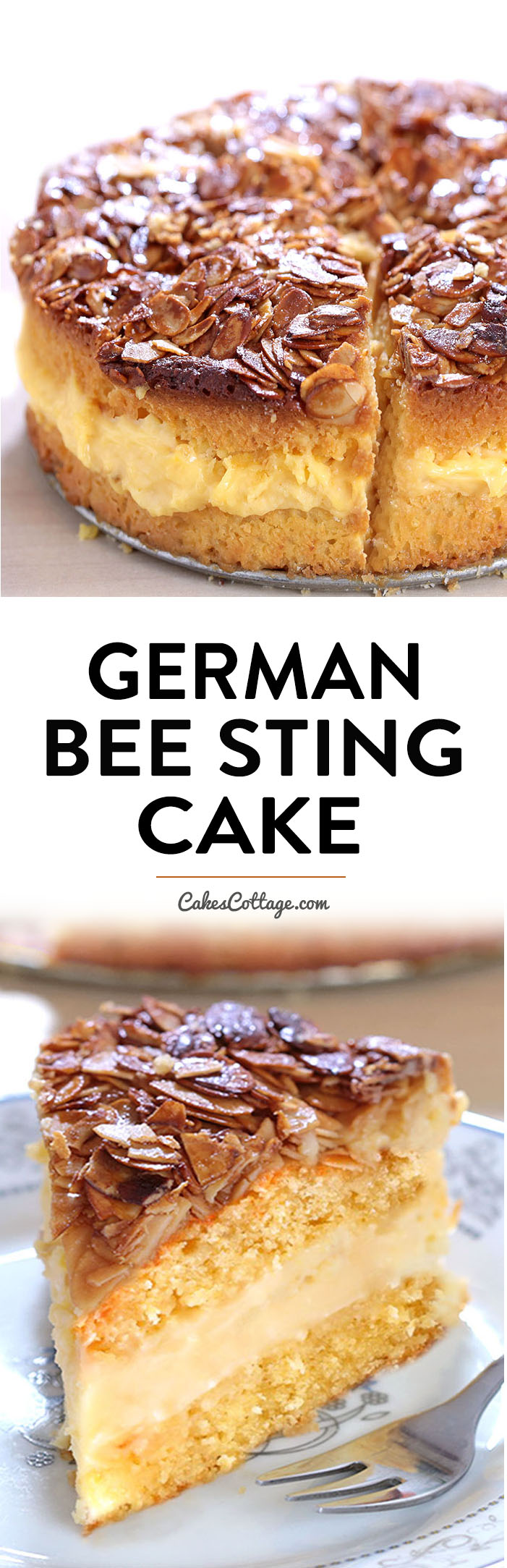 Bee Sting Cake - Crunchy, honey-flavored almond topping, creamy filling, and two delicious yeast cake layers make this traditional German dessert absolutely wunderbar!