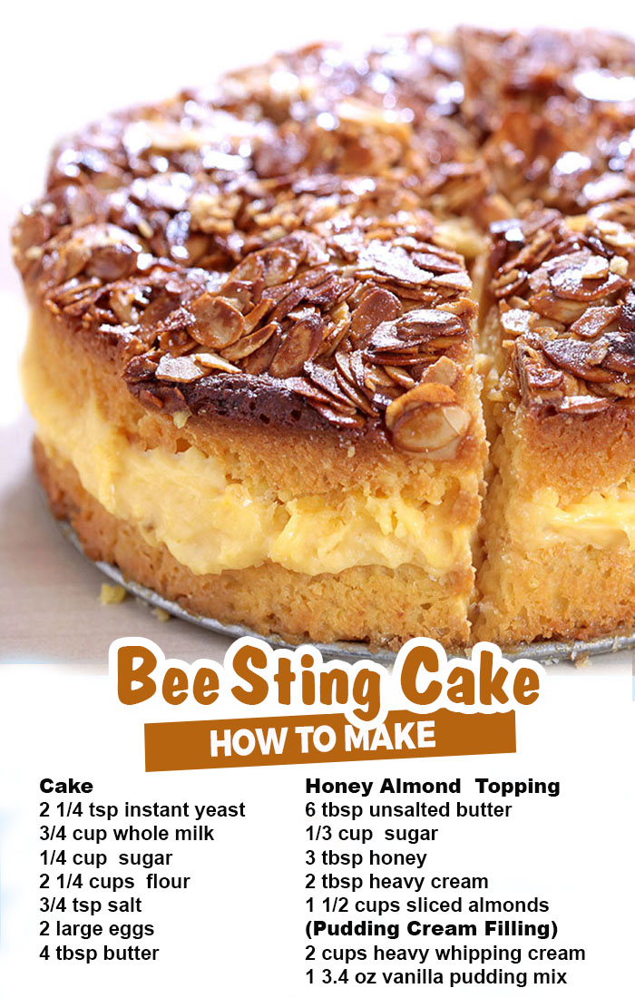 Bee Sting Cake - Crunchy, honey-flavored almond topping, creamy filling, and two delicious yeast cake layers make this traditional German dessert absolutely wunderbar!