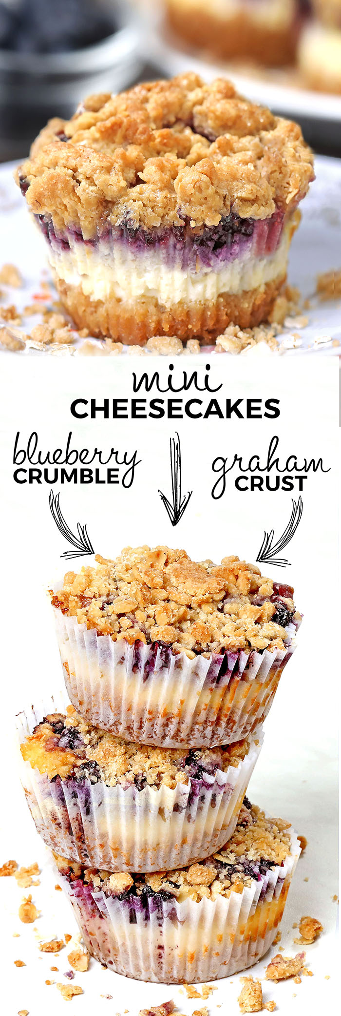 Blueberry Crumble Mini Cheesecakes are delicious just like your favorite blueberry crumble, baked on graham cracker crust and packed into perfect portable cheesecake dessert.