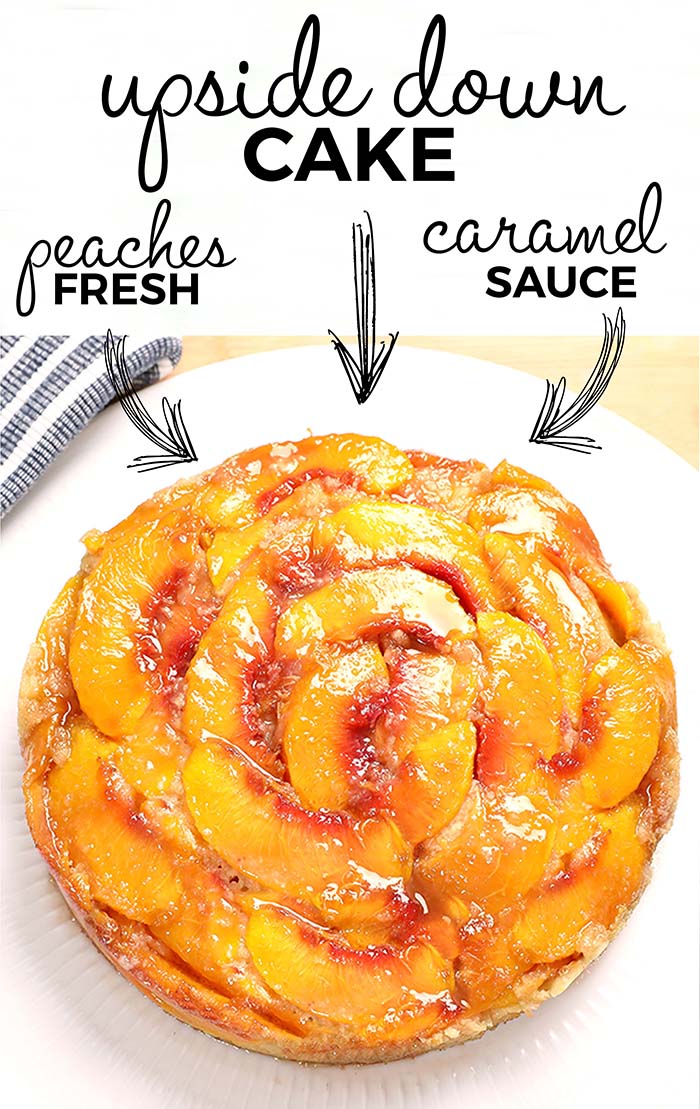 Caramel Peach Upside Down Cake, a deliciously moist cake made with fresh, canned or frozen Peaches. A little ice cream on top and it’s perfect any time of year.