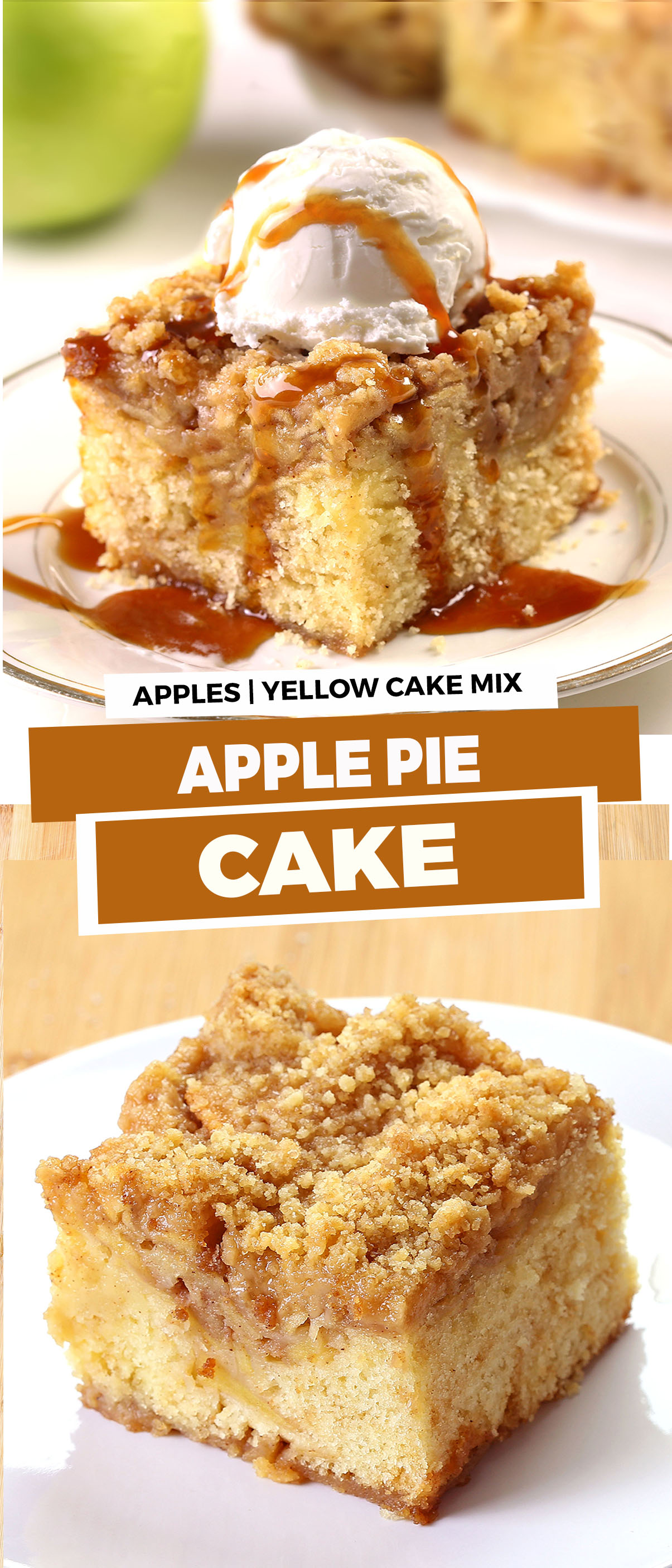Pie or cake? Why choose? Apple Pie Cake tastes just like the apple pie you know and love. With fresh apples, soft cake, buttery topping and served with vanilla ice cream is over the top!