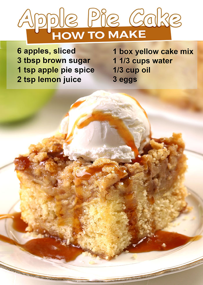 Pie or cake? Why choose? Apple Pie Cake tastes just like the apple pie you know and love. With fresh apples, soft cake, buttery topping and served with vanilla ice cream is over the top!