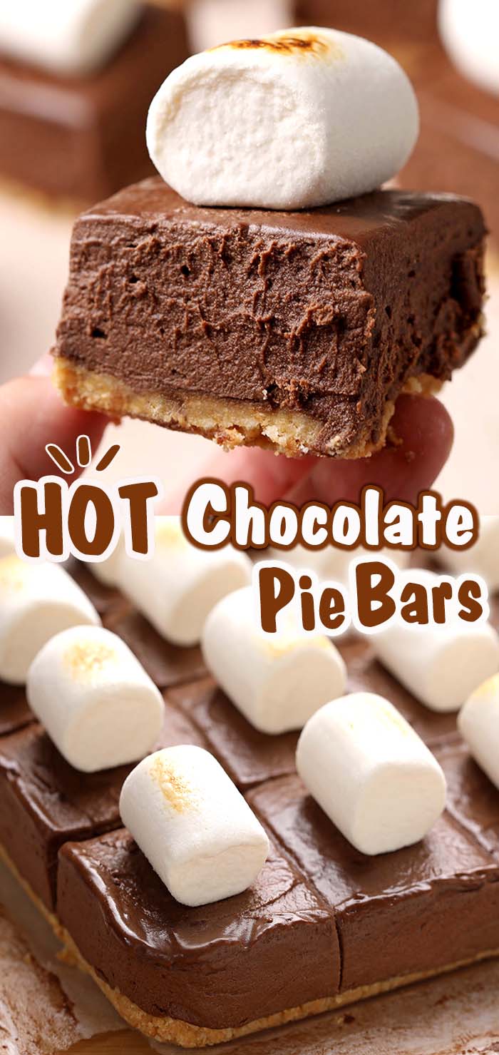 These Hot Chocolate Pie Bars are too good to be true. Decadent dessert made with graham crackers crust, luscious chocolate filling and toasted marshmallows.