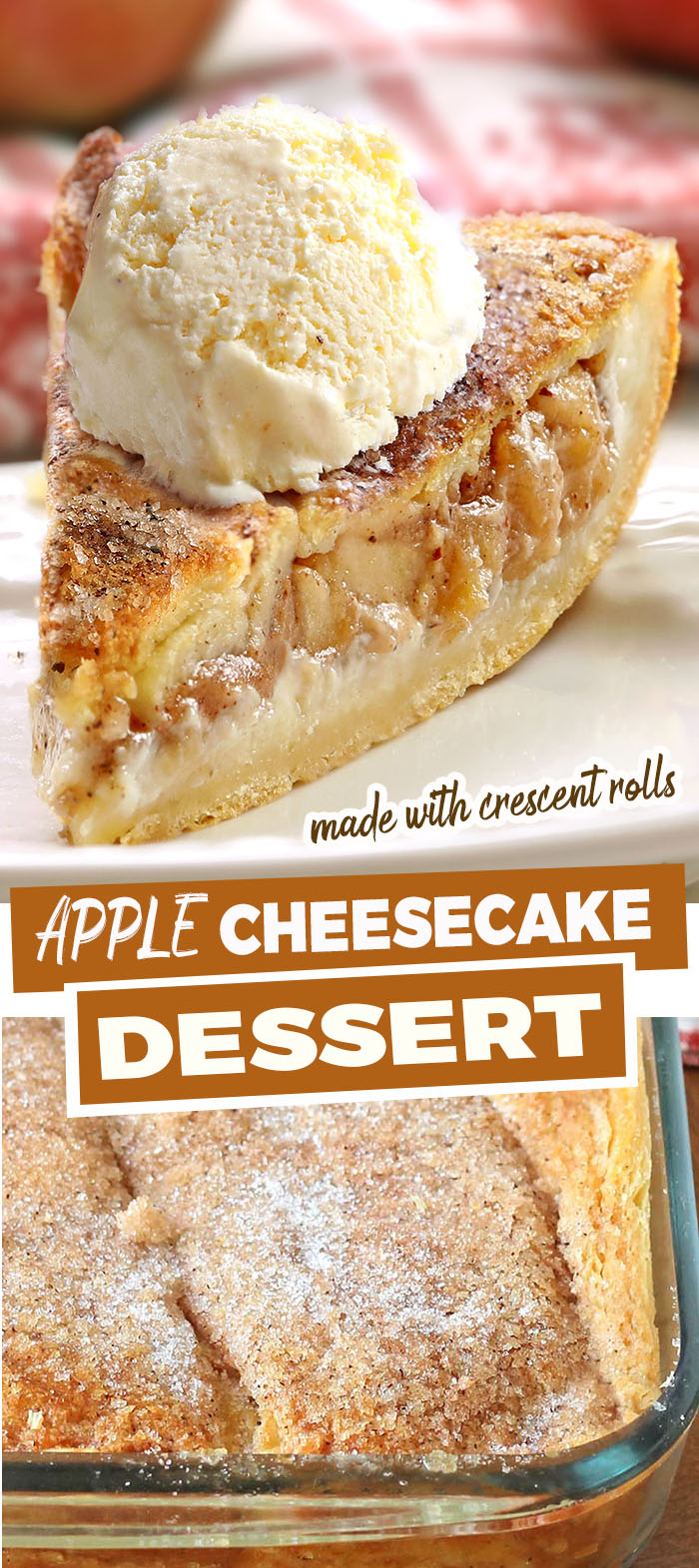 Apple Pie Cheesecake Dessert is quick and easy with minimal effort. It starts and ends with Crescent Rolls, with simplest apple pie and cheesecake filling.