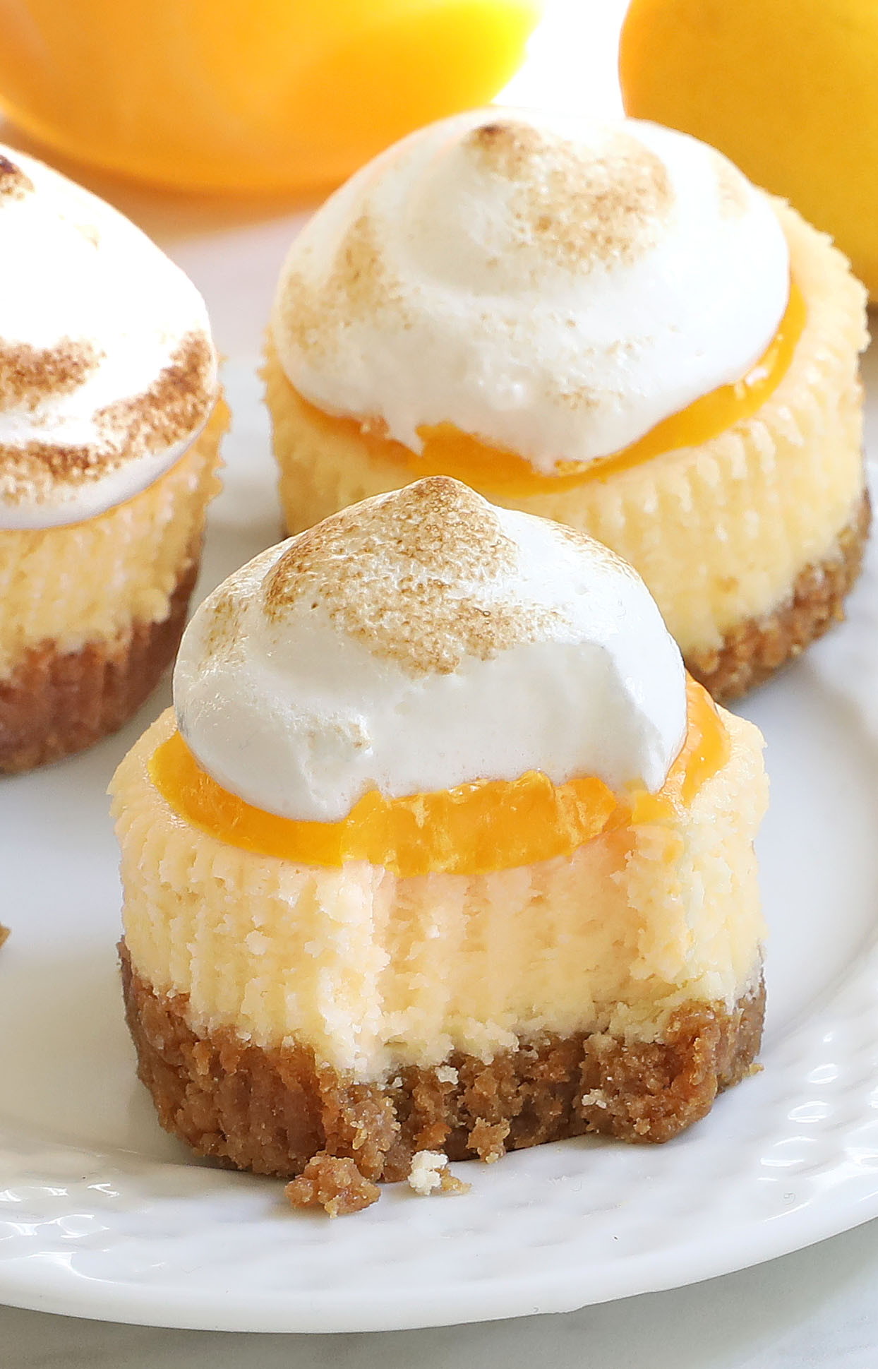 Lemon Meringue Mini Cheesecakes are light and lemony bite-sized desserts and will be the perfect addition to your Easter or Mother’s Day menu!