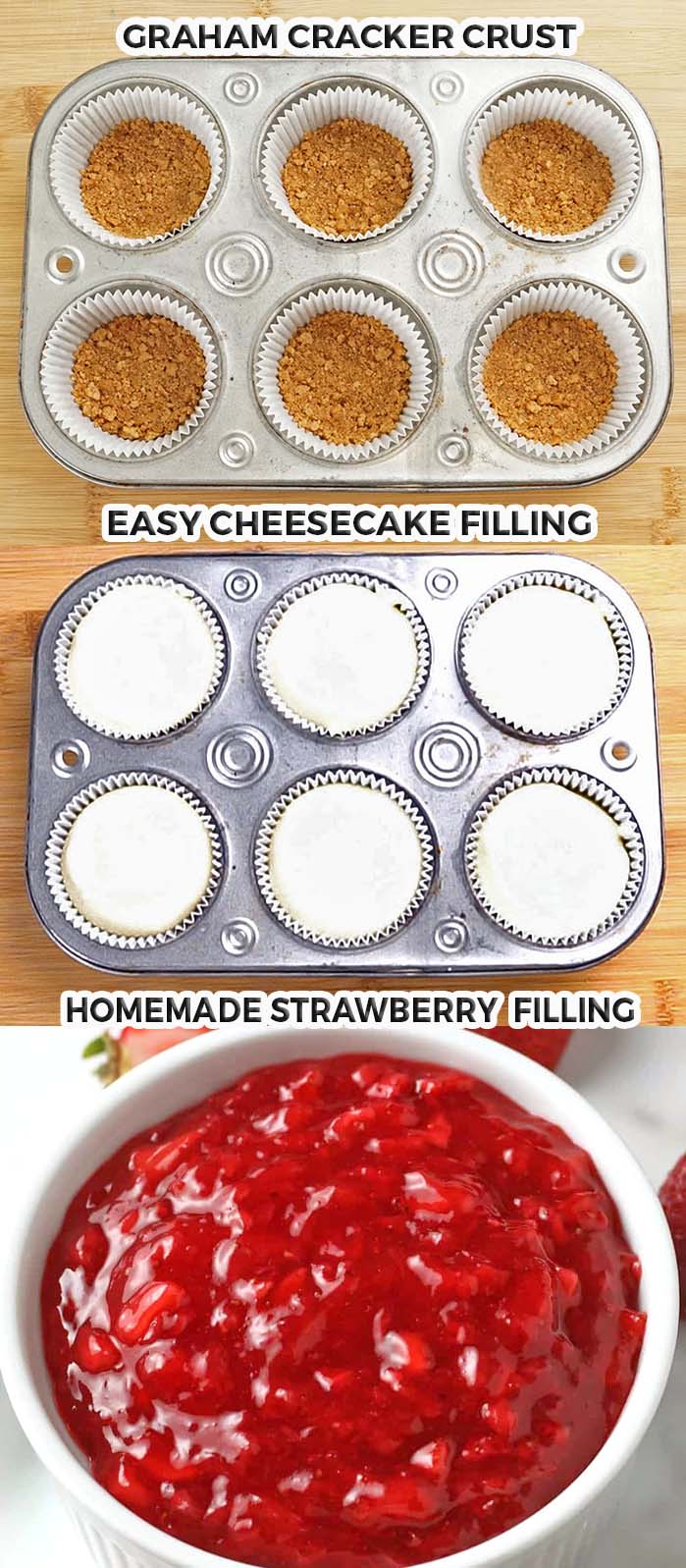 Strawberry Mini Cheesecakes – a perfect way to make a bite-sized version of your favorite cheesecake, a must make for Memorial Day, Father’s Day, or any spring or summer cookout.