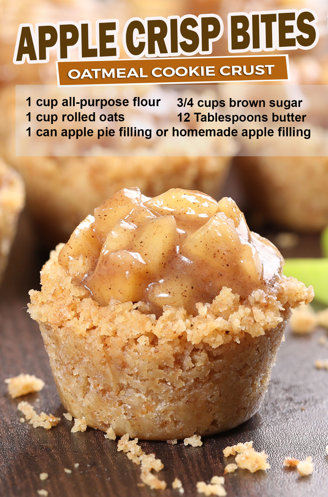 Apple Crisp Bites – A little bite of heaven! Crispy baked oatmeal cookie crust on the outside, soft apple pie on the inside! You’ll be enjoying this awesome dessert in about 30 minutes.