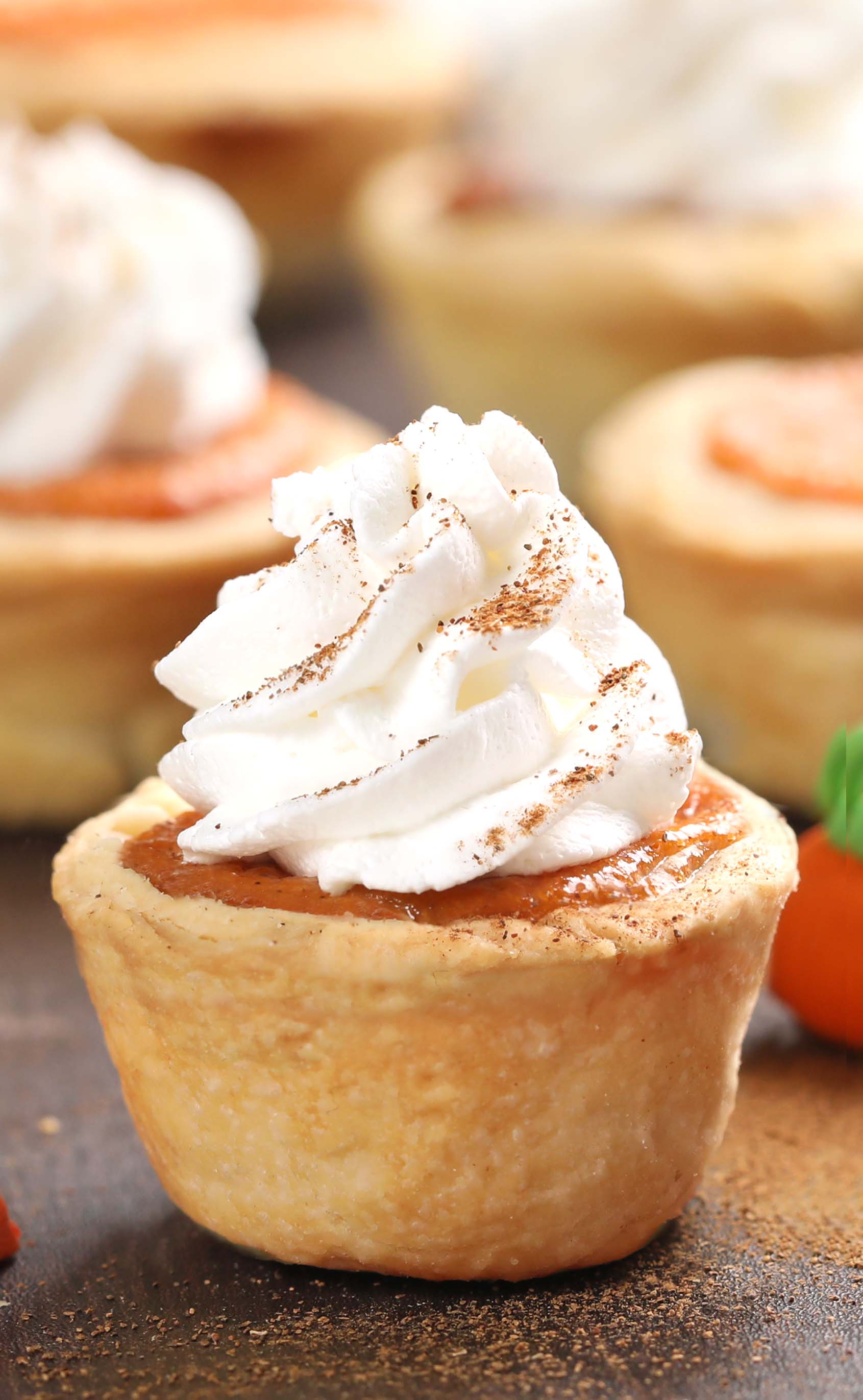 An easy recipe for mini pumpkin pies made in a muffin pan. The perfect dessert for Thanksgiving!