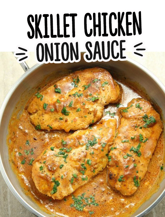Skillet Chicken in Onion Sauce - Crispy, golden chicken on the outside and tender on the inside in balsamic caramelized onion cream sauce is a winner of a chicken dinner!
