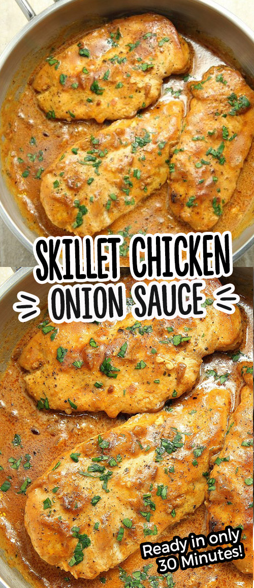 Skillet Chicken in Onion Sauce - Crispy, golden chicken on the outside and tender on the inside in balsamic caramelized onion cream sauce is a winner of a chicken dinner!