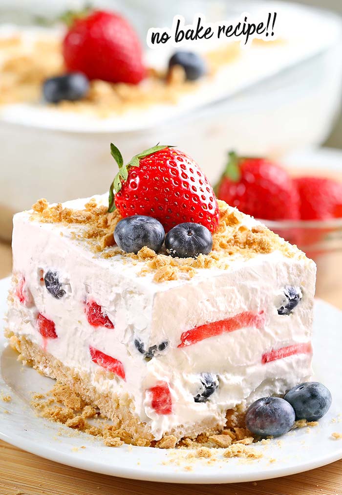No Bake Summer Berry Dessert - a layered cheesecake with fresh berries, no bake graham crackers crust and whipped topping. Oh, is too good to be true.