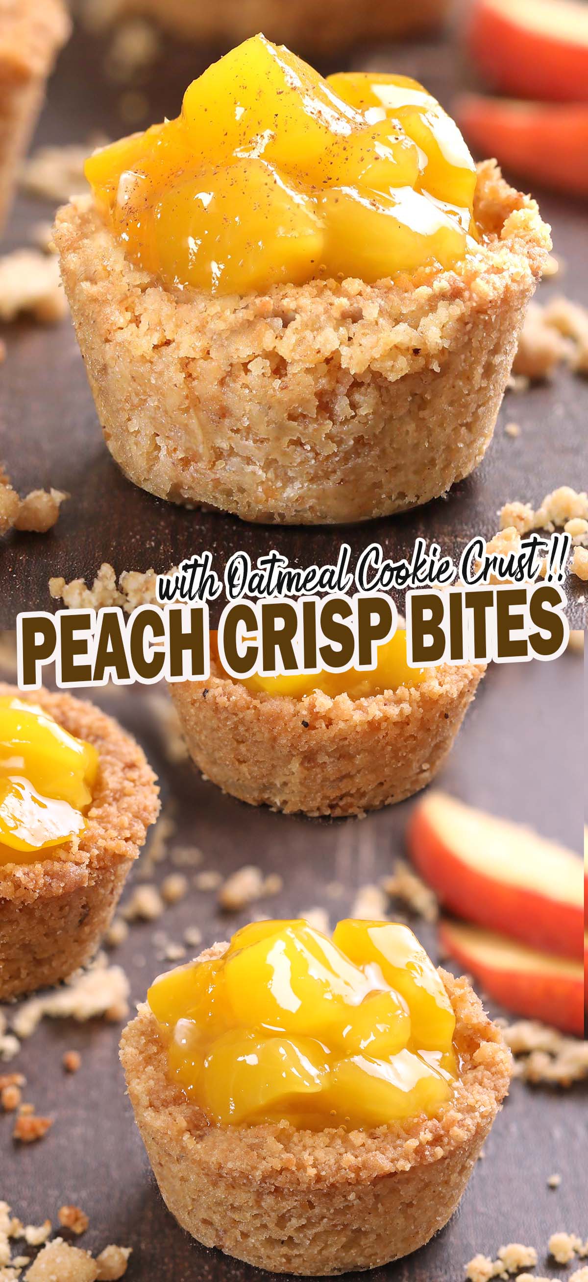 Peach Crisp Bites - delicious bites of summer in convenient, shareable, handheld form. Crispy baked oatmeal cookie crust on the outside, soft peach pie on the inside! You’ll be enjoying this awesome dessert in about 30 minutes.
