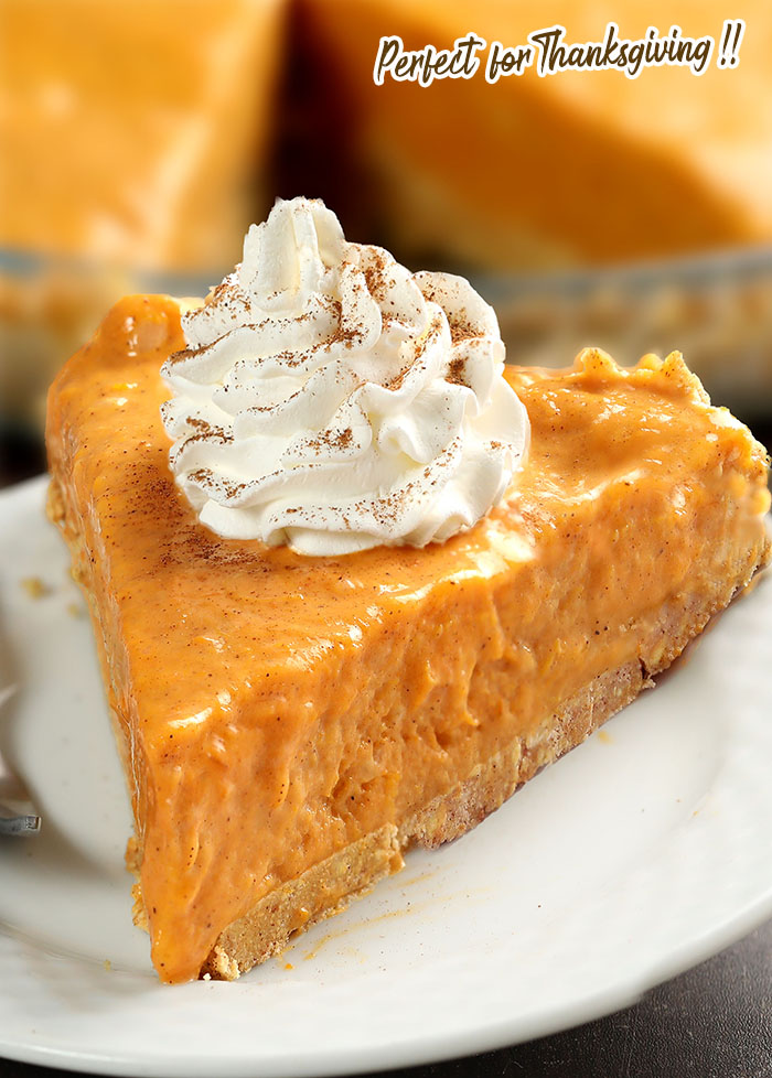 No Bake Pumpkin Pie Perfect for Thanksgiving and Fall made with graham cracker crust and super easy pumpkin filling.