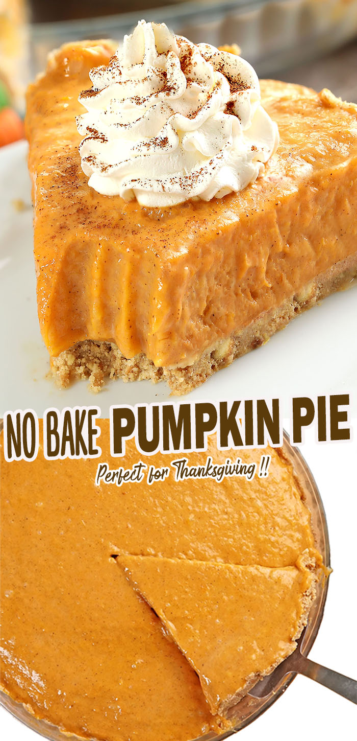 No Bake Pumpkin Pie Perfect for Thanksgiving and Fall made with graham cracker crust and super easy pumpkin filling.