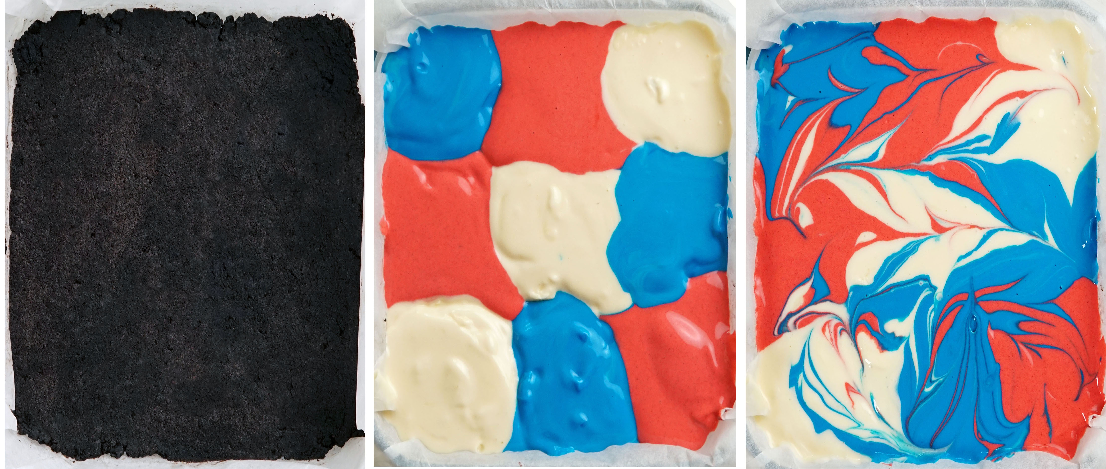 Celebrate 4th of July with these red, white & blue cheesecake swirled bars! Creamy vanilla cheesecake with an Oreo crust, swirled with bold patriotic colors and baked to perfection in a water bath.
