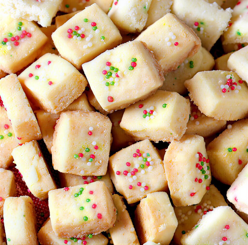 Close up of buttery Christmas shortbread bites with colorful sprinkles, easy melt in your mouth Christmas cookie recipe.