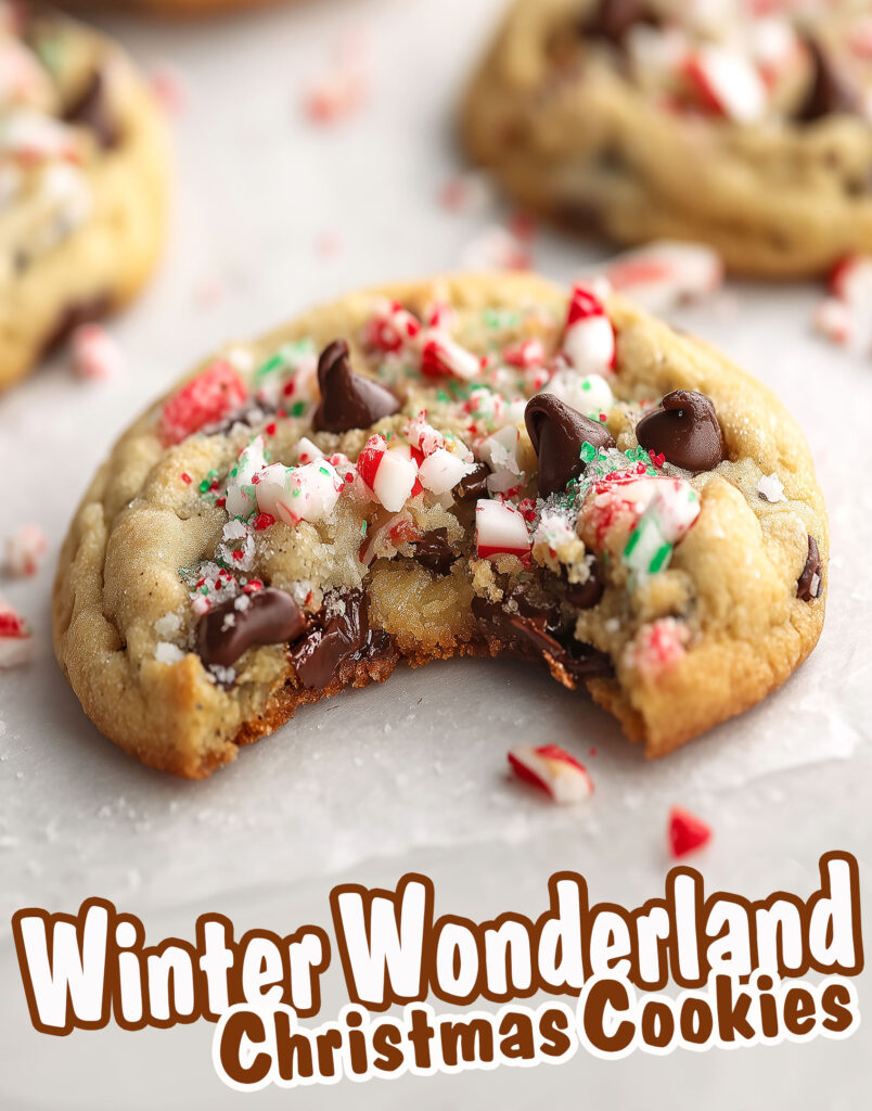 Christmas cookie with a bite taken out, showing gooey chocolate chips and white chocolate bits inside.