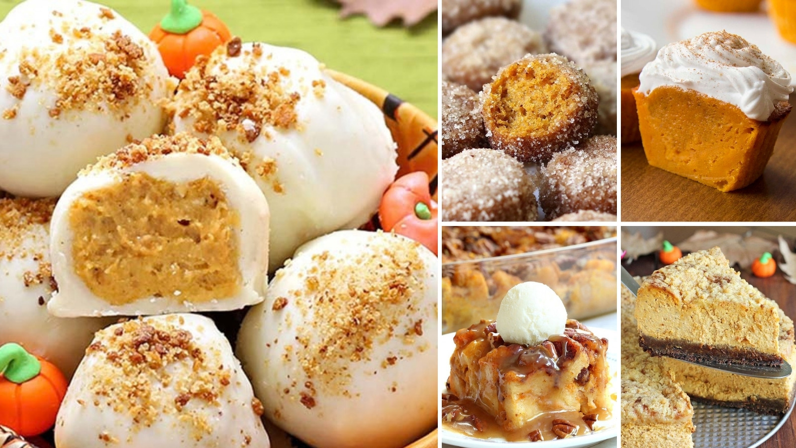 Collage of five pumpkin desserts: pumpkin cheesecake balls, pumpkin donut holes, impossible pumpkin pie cupcakes, pumpkin bread pudding and gingersnap pumpkin cheesecake