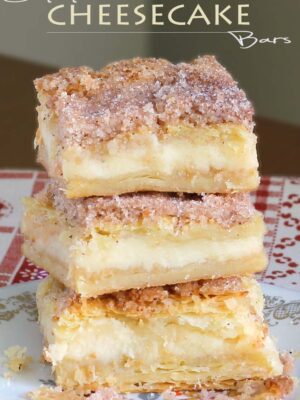 This version of sopapilla cheesecake bars is quick and easy with minimal effort. It starts and ends with Crescent Rolls, with simplest cheesecake filling. GOOD TIMES.
